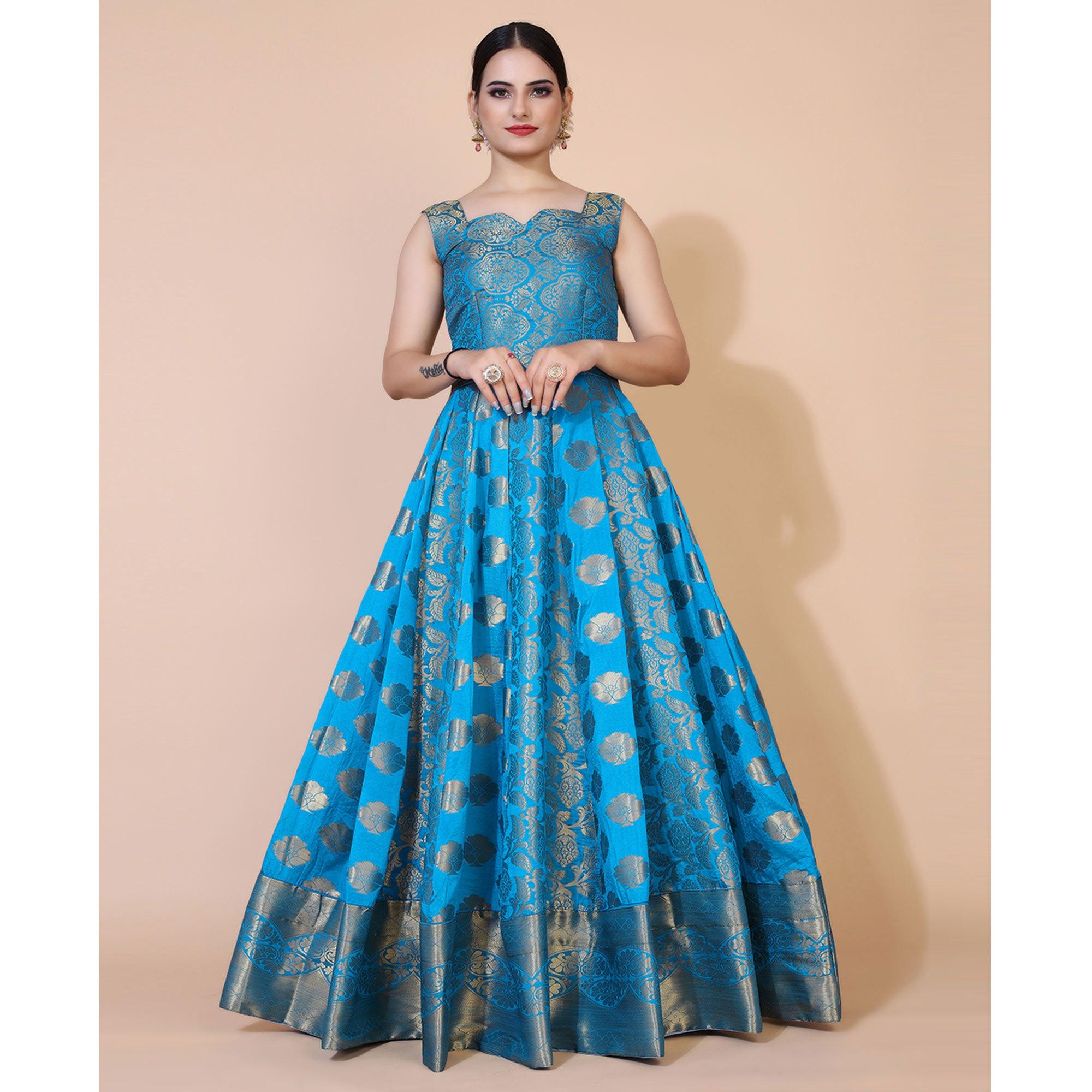 Blue Floral Woven Jacquard Anarkali Style Gown - Peachmode