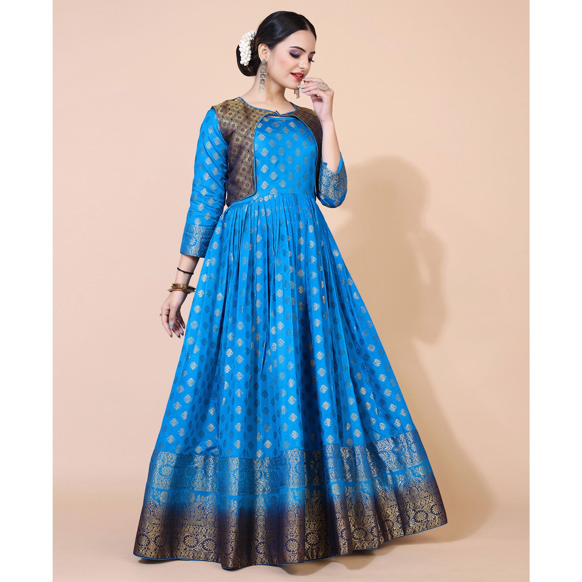 Blue Floral Woven Jacquard Anarkali Style Gown - Peachmode