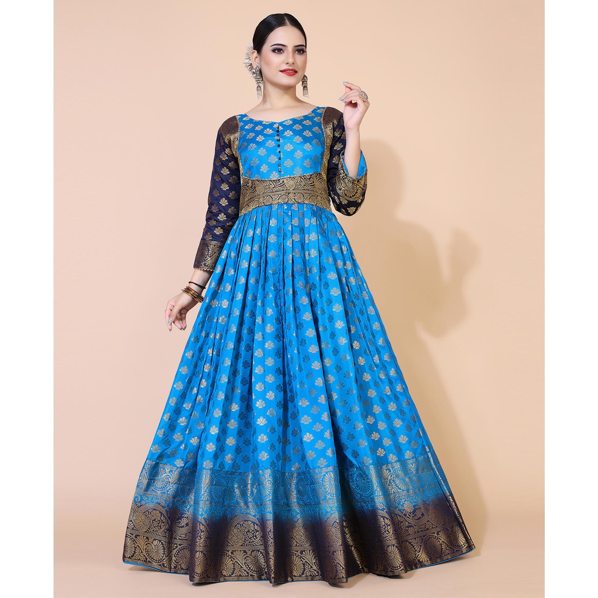 Blue Floral Woven Jacquard Anarkali Style Gown - Peachmode