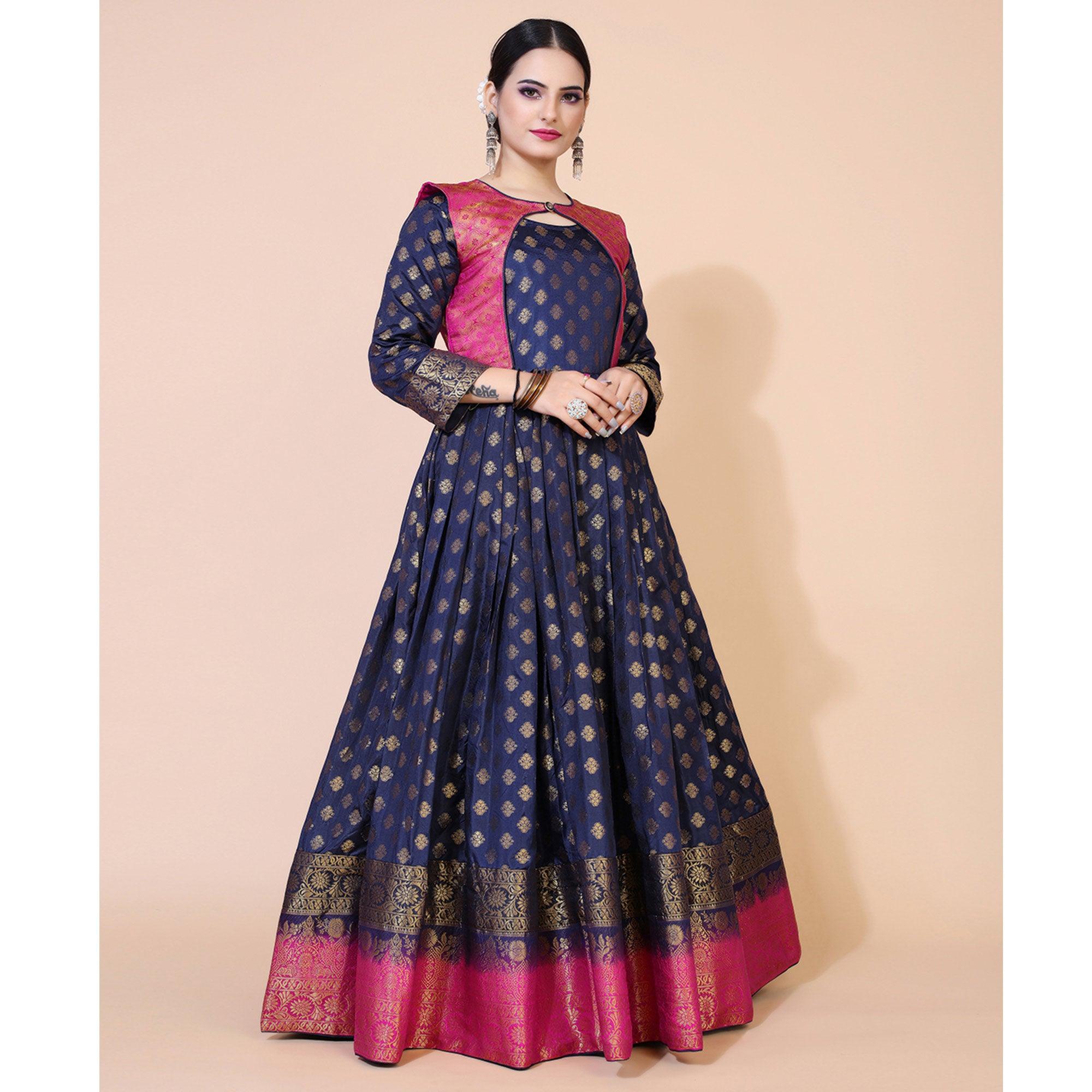 Blue Floral Woven Jacquard Anarkali Style Gown - Peachmode