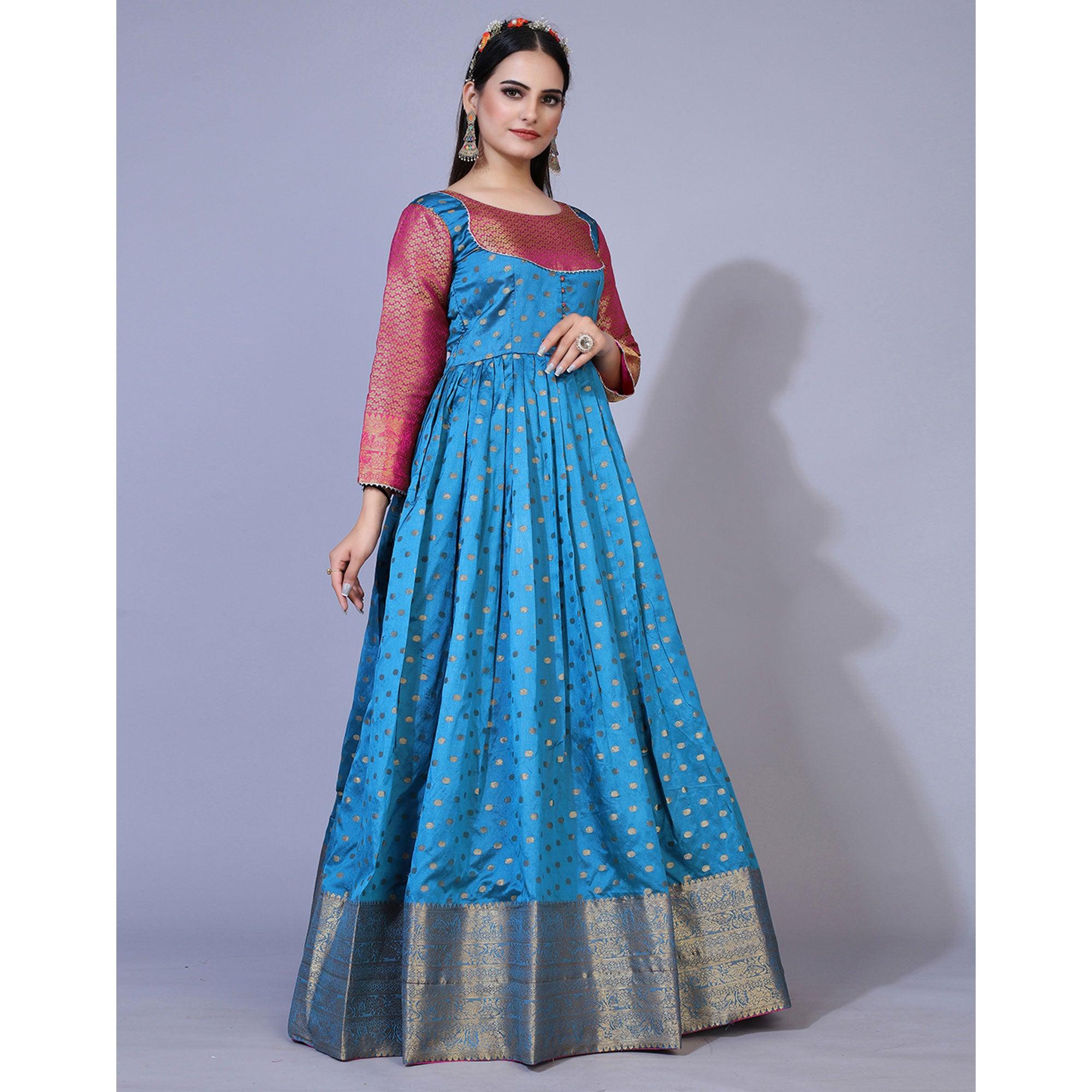 Blue Floral Woven Jacquard Anarkali Style Gown - Peachmode