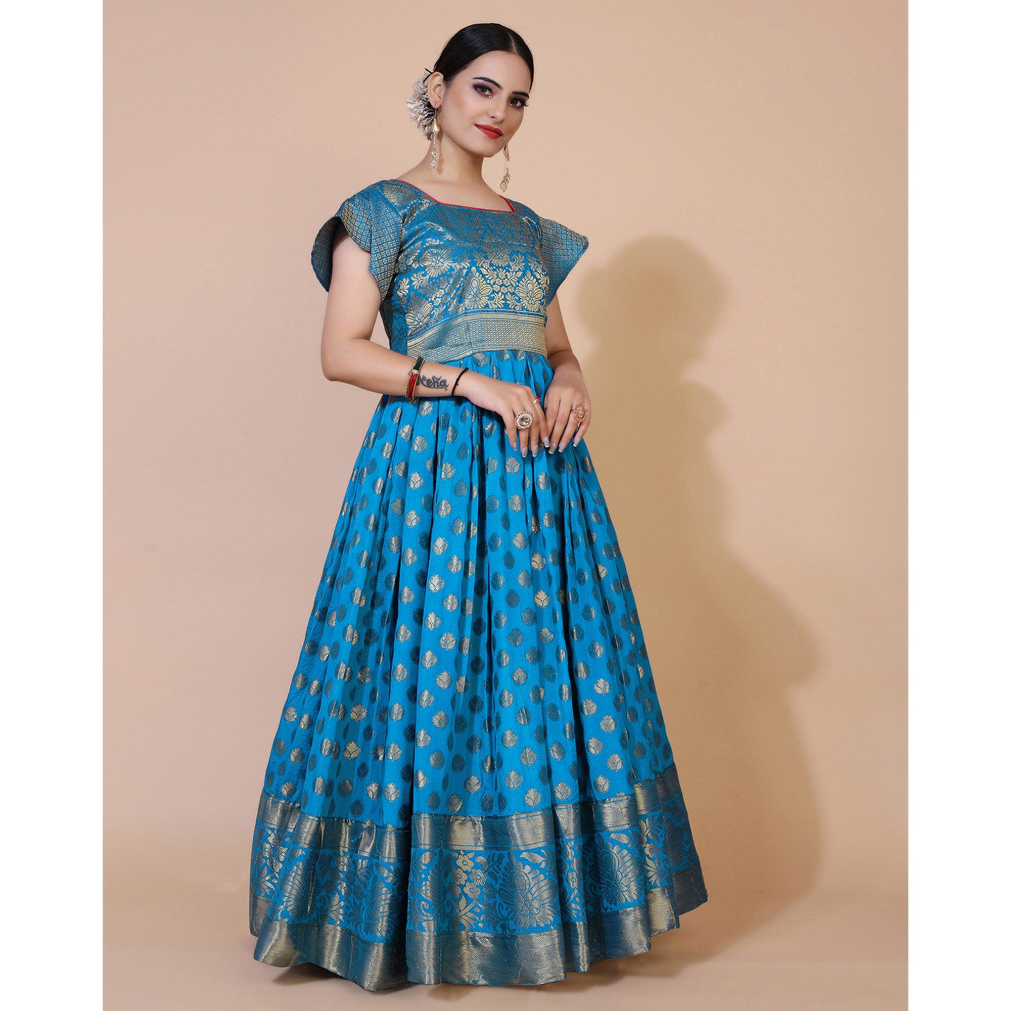 Blue Floral Woven Jacquard Anarkali Style Gown - Peachmode