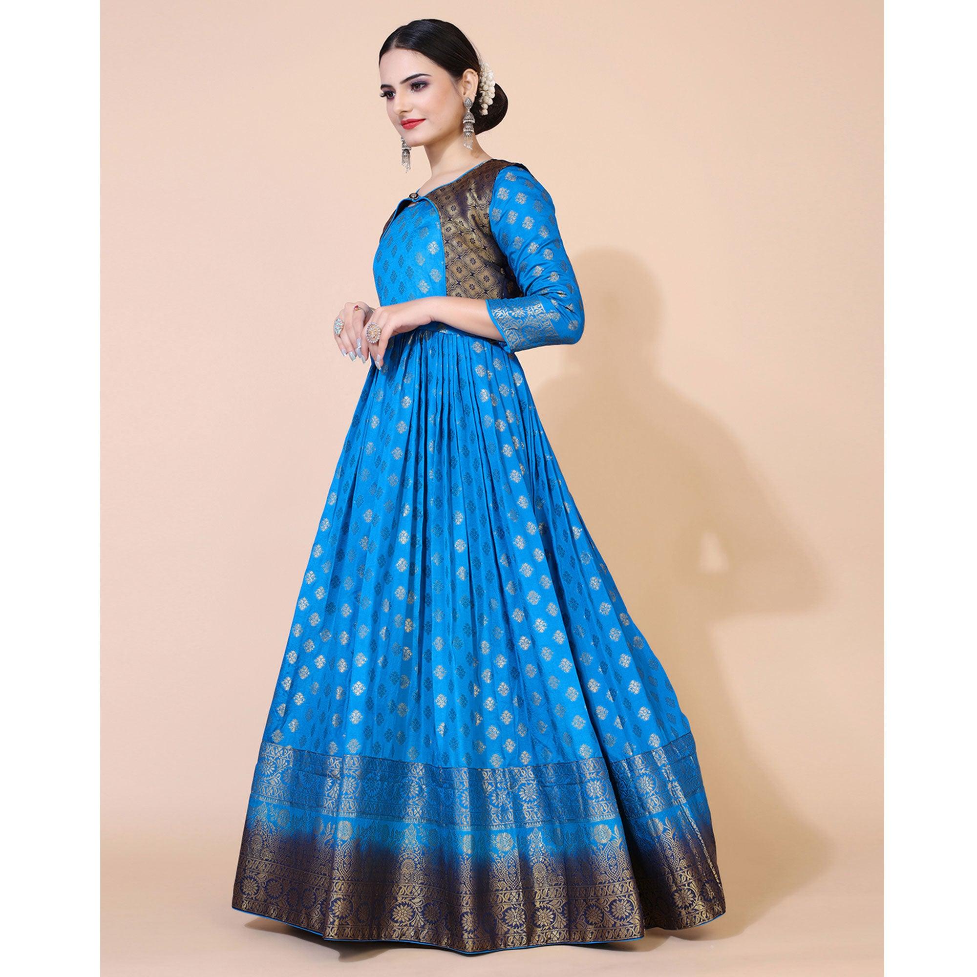 Blue Floral Woven Jacquard Anarkali Style Gown - Peachmode