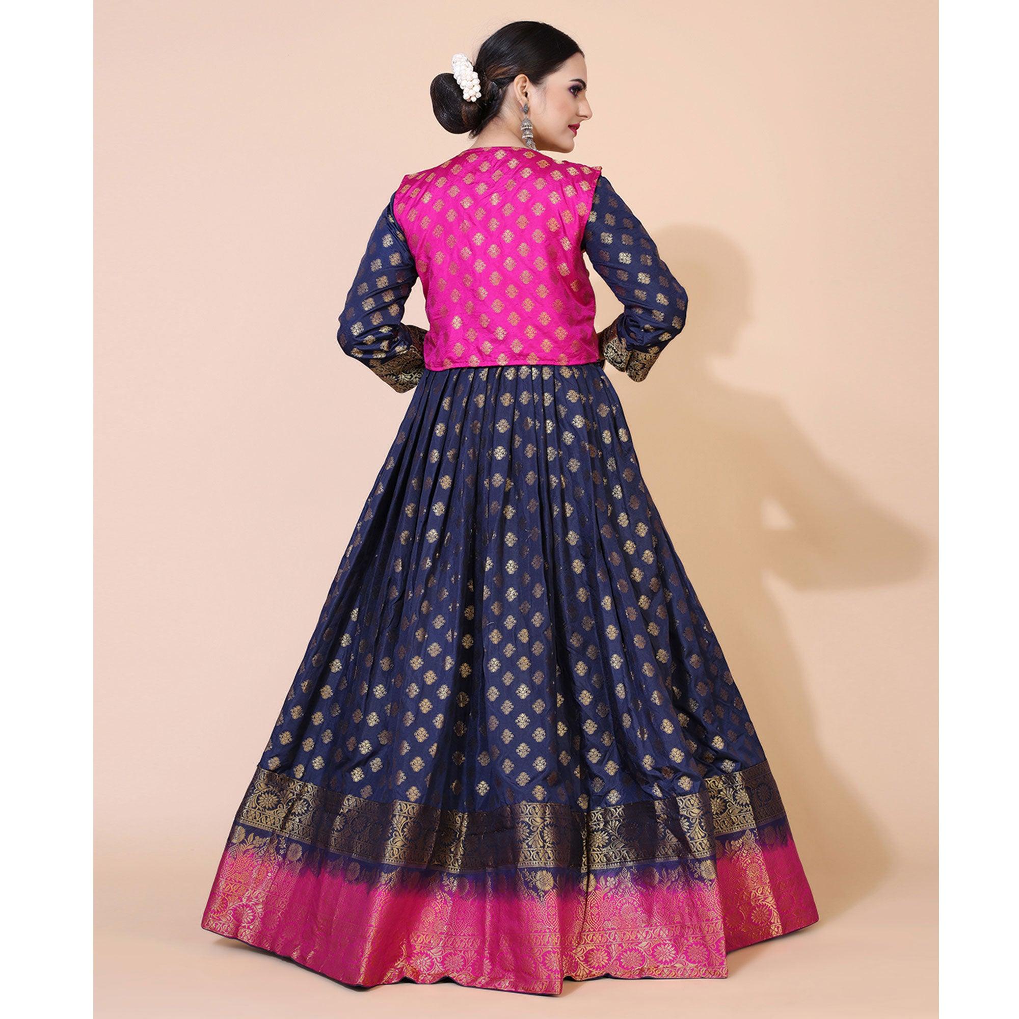 Blue Floral Woven Jacquard Anarkali Style Gown - Peachmode
