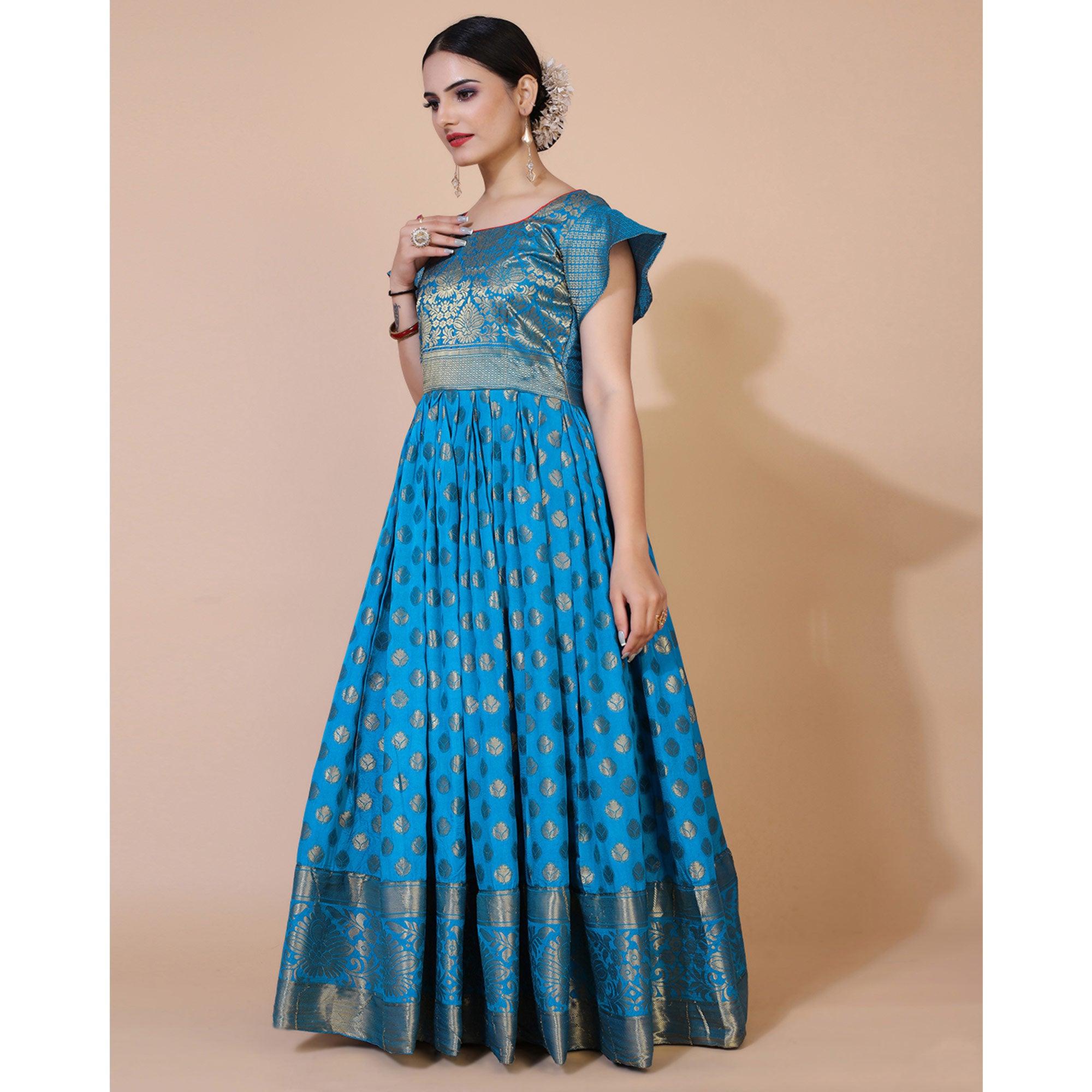 Blue Floral Woven Jacquard Anarkali Style Gown - Peachmode