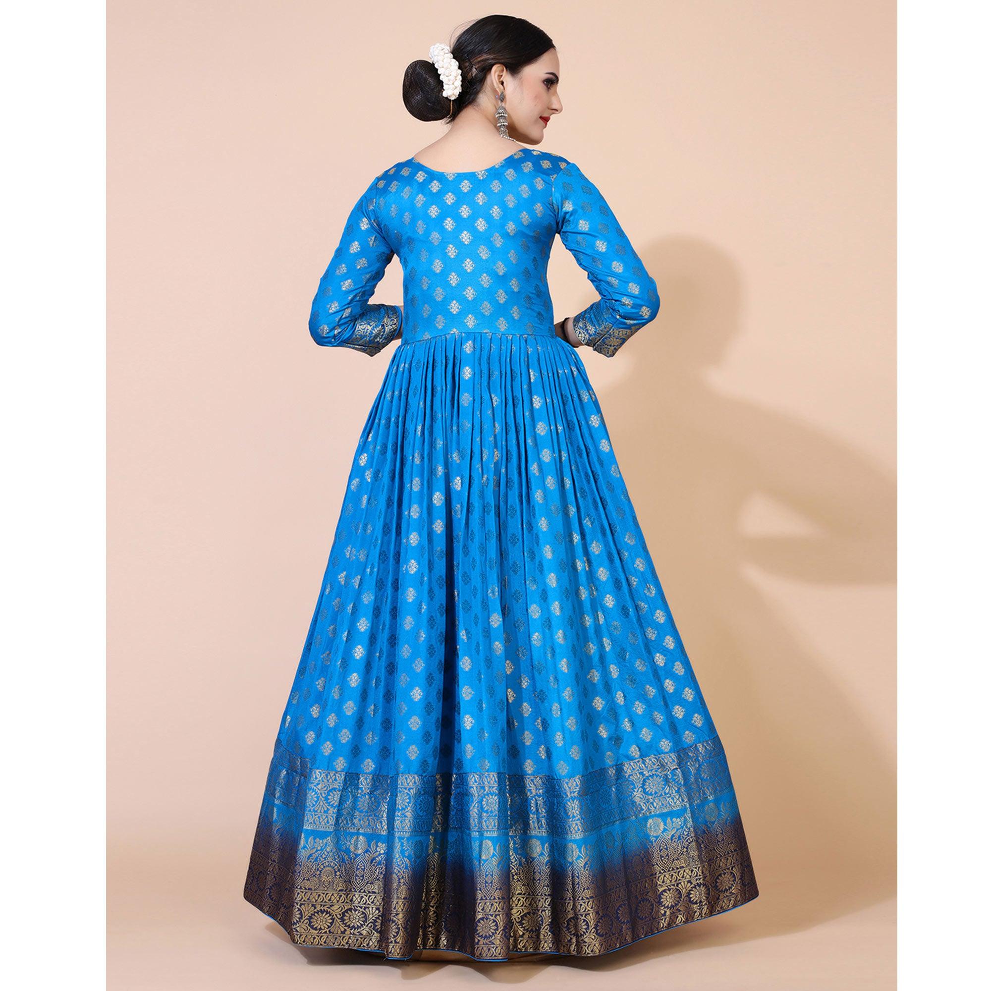 Blue Floral Woven Jacquard Anarkali Style Gown - Peachmode