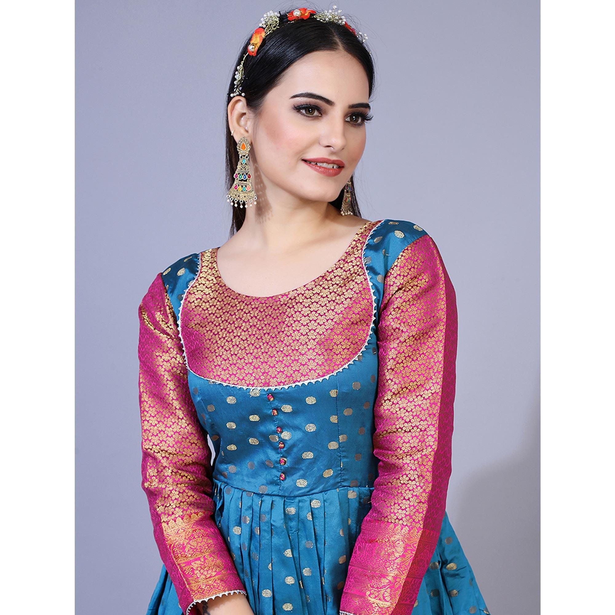 Blue Floral Woven Jacquard Anarkali Style Gown - Peachmode