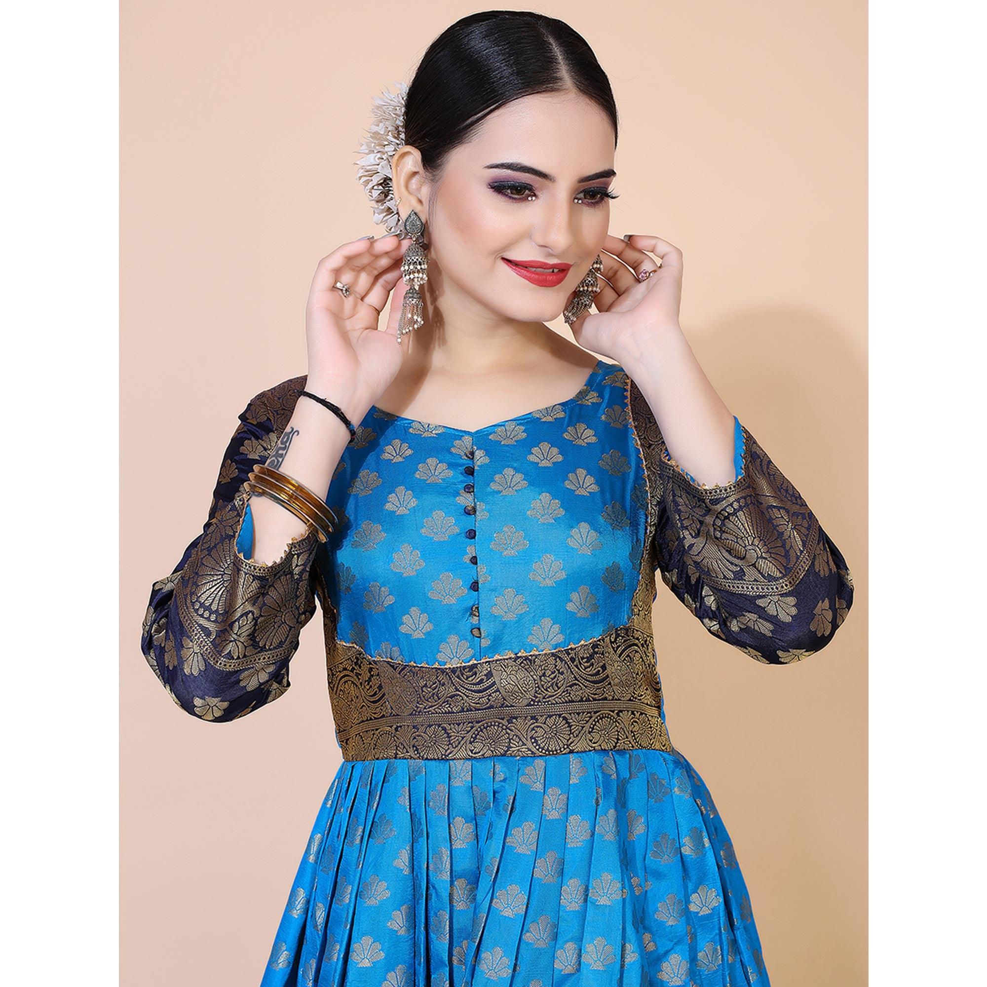 Blue Floral Woven Jacquard Anarkali Style Gown - Peachmode