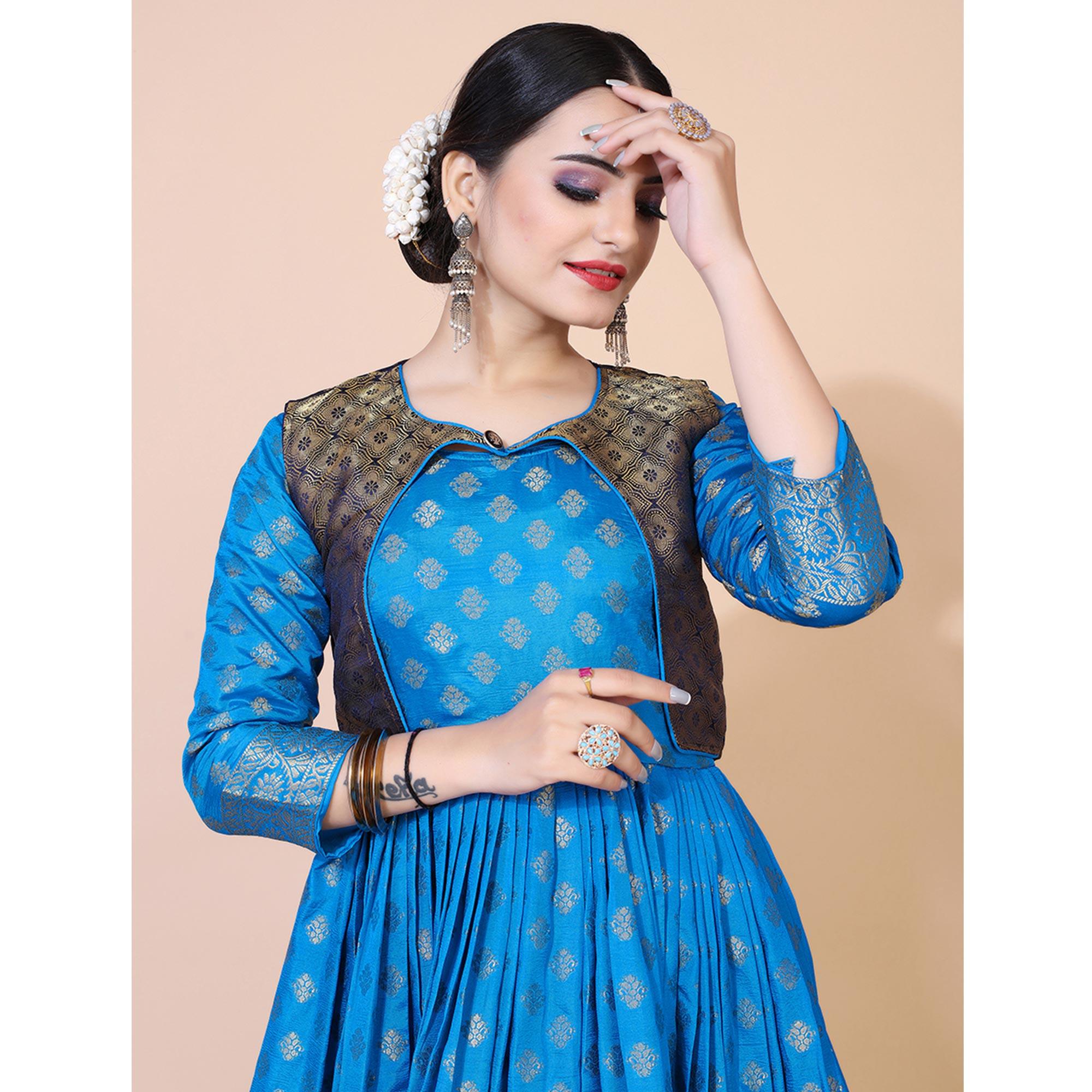 Blue Floral Woven Jacquard Anarkali Style Gown - Peachmode