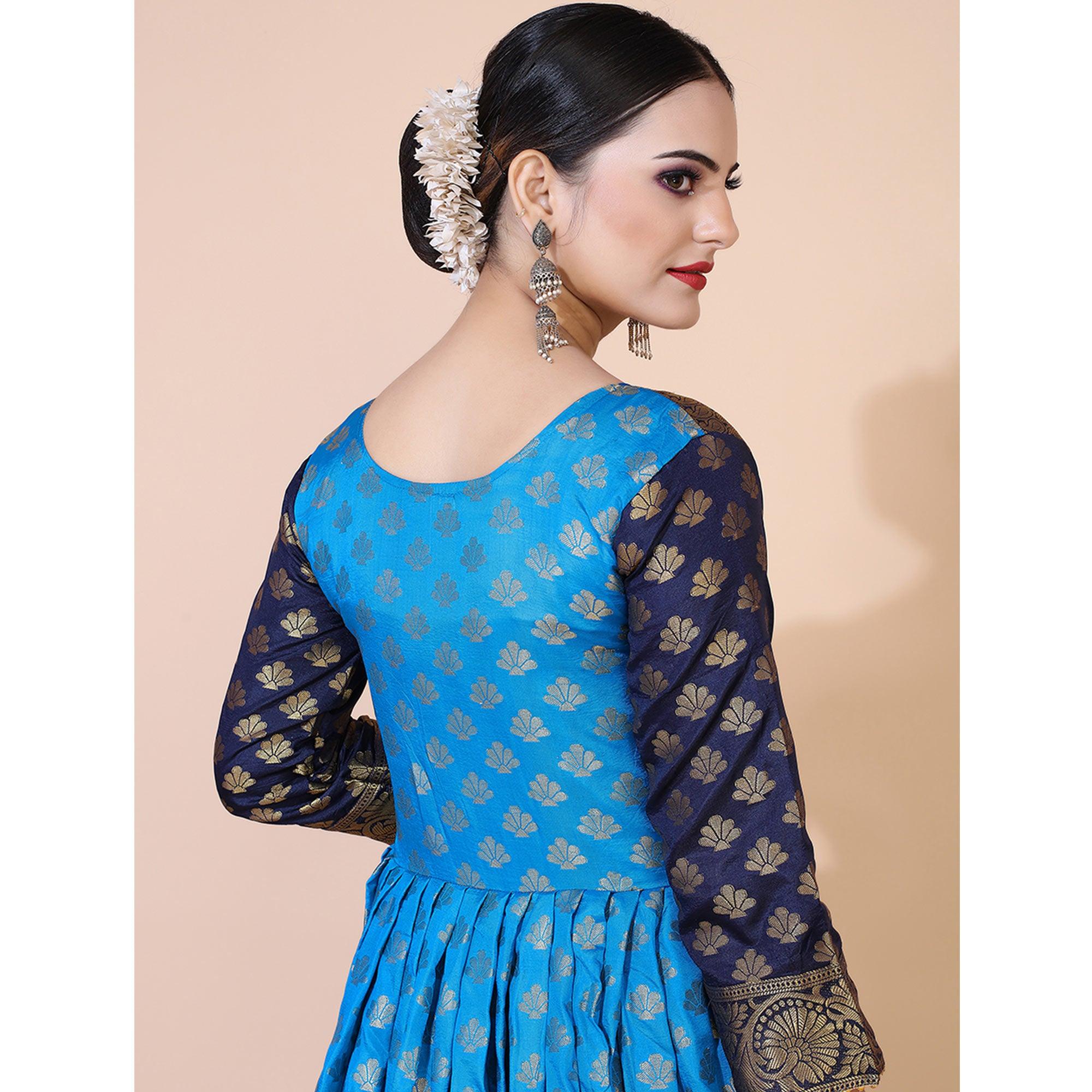 Blue Floral Woven Jacquard Anarkali Style Gown - Peachmode