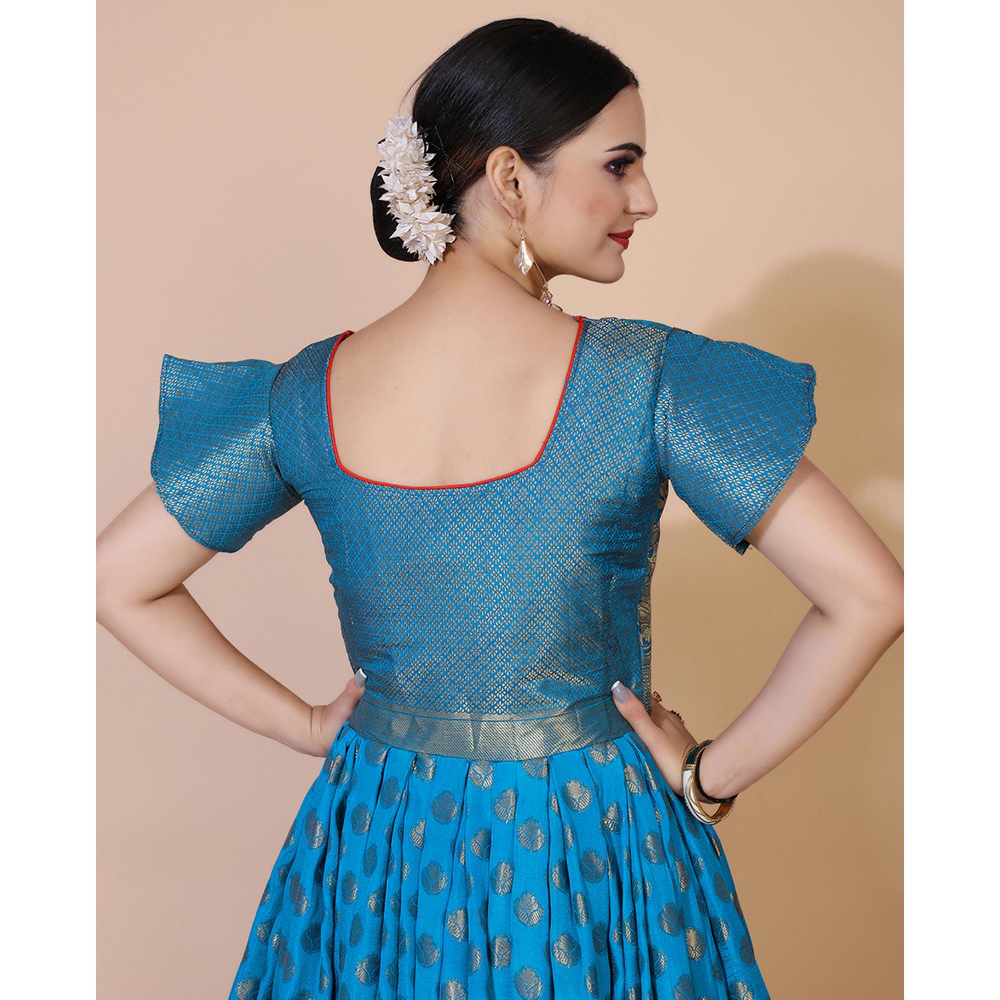 Blue Floral Woven Jacquard Anarkali Style Gown - Peachmode