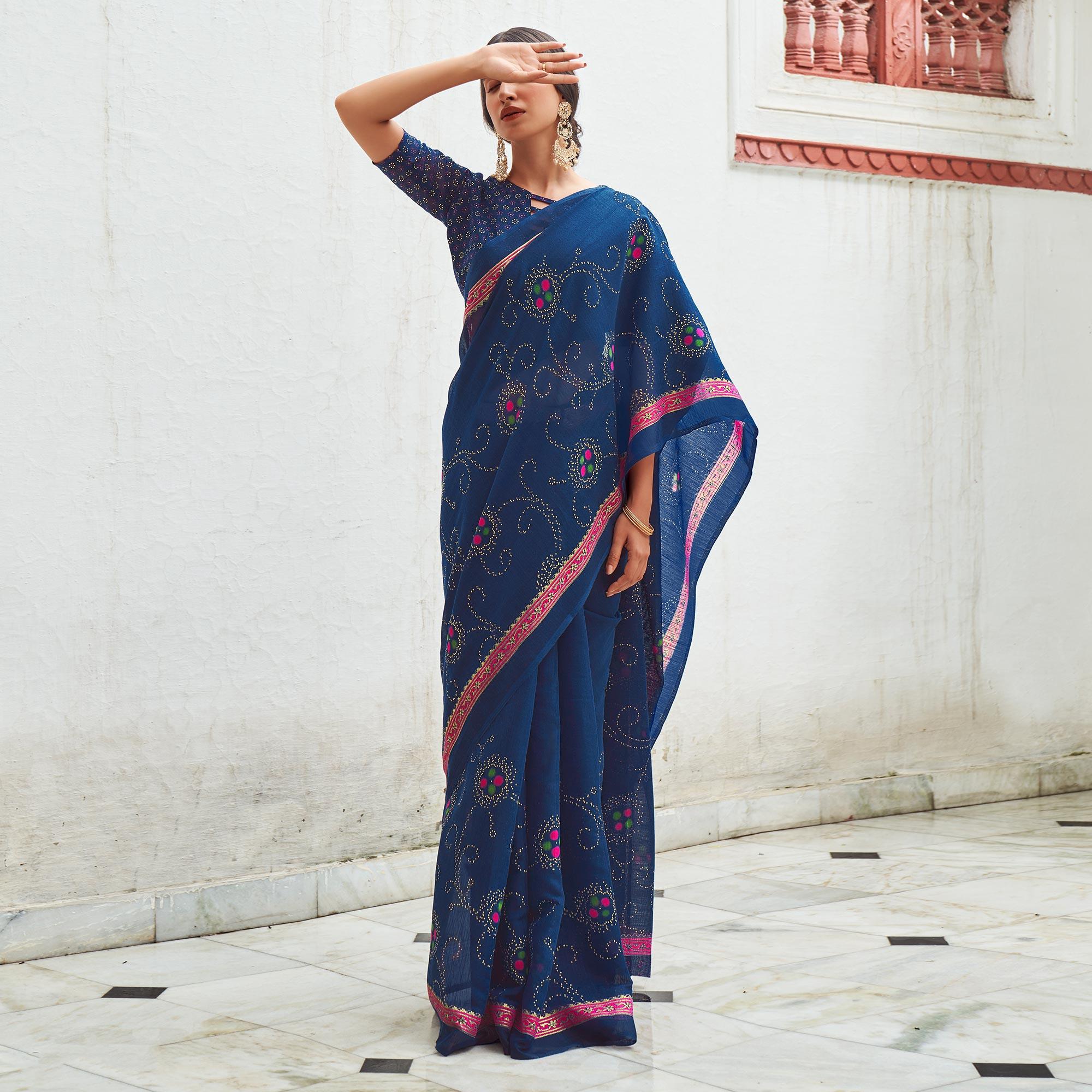 Blue Foil Digital Printed Poly Cotton Saree - Peachmode