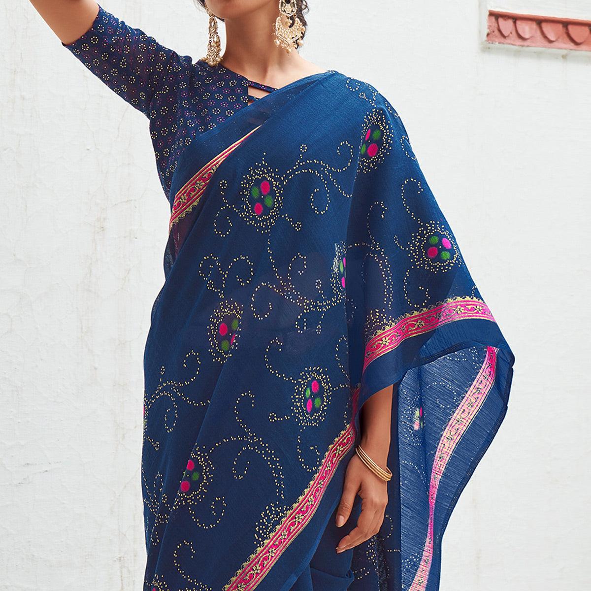 Blue Foil Digital Printed Poly Cotton Saree - Peachmode