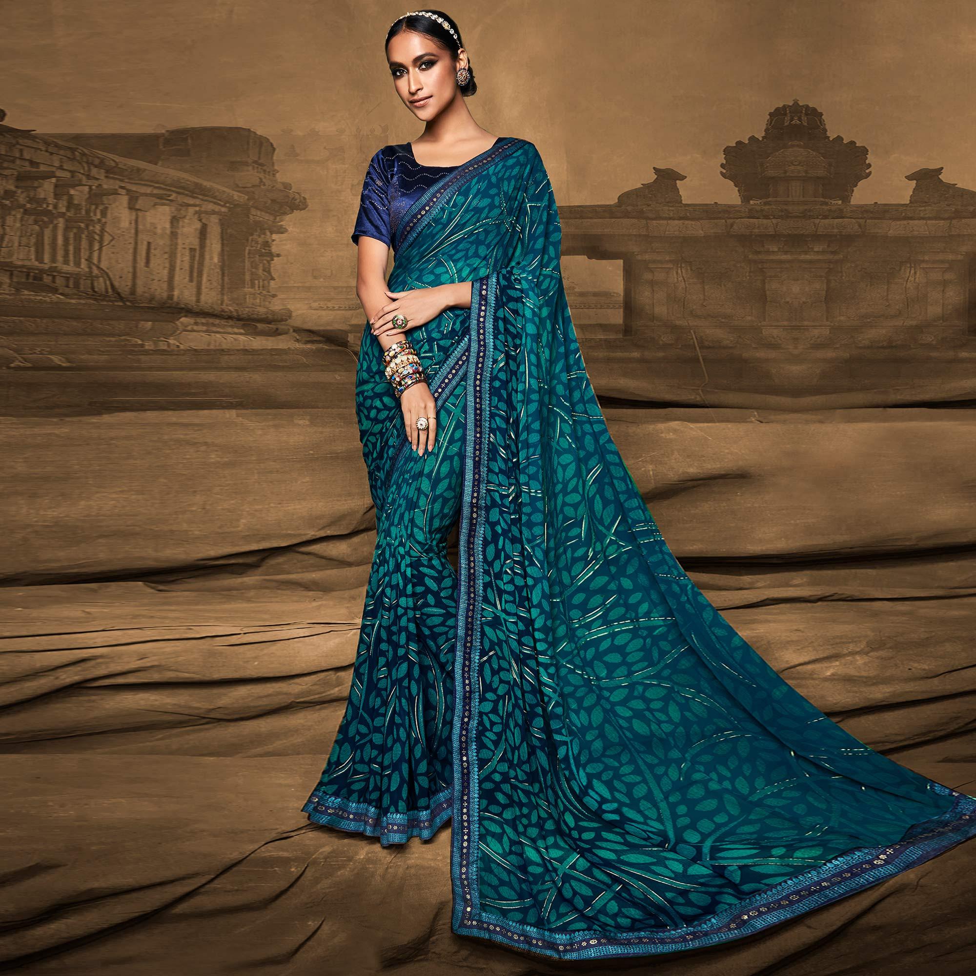 Blue Foil Printed Georgette Saree - Peachmode