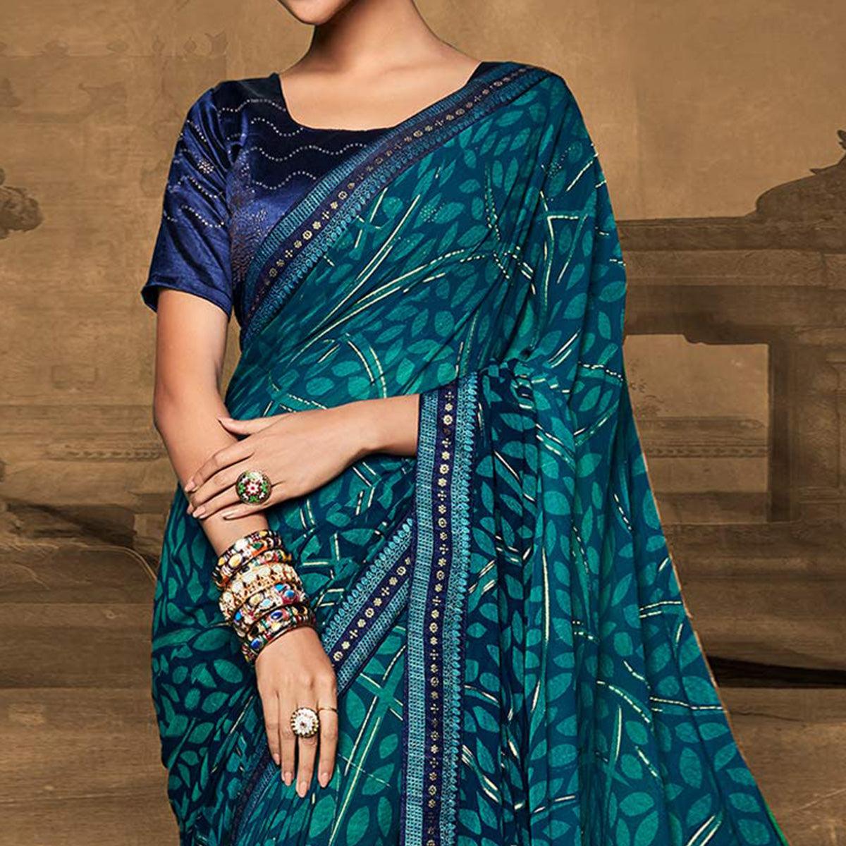 Blue Foil Printed Georgette Saree - Peachmode