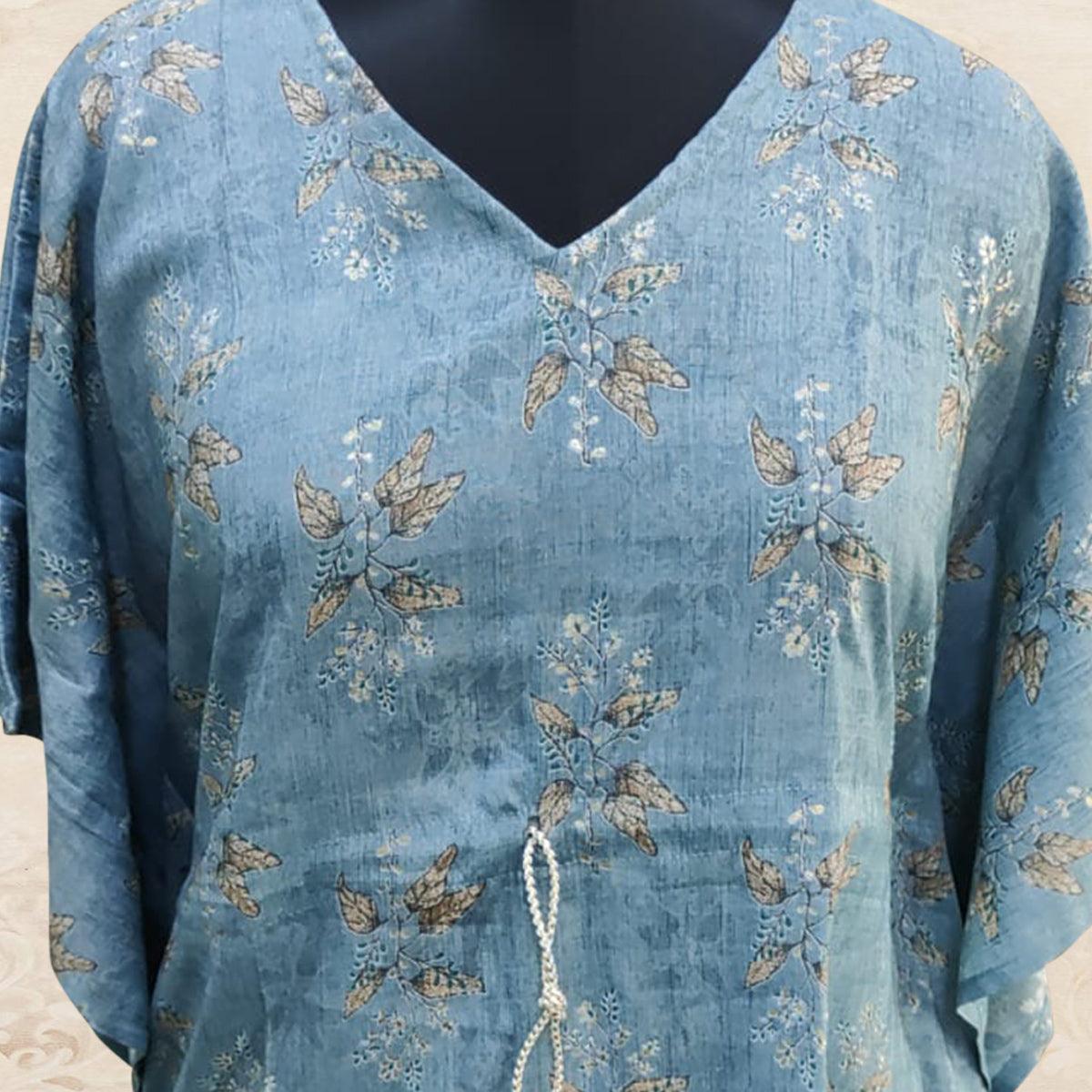 Blue Foil Printed Rayon Kaftan Style Top - Peachmode