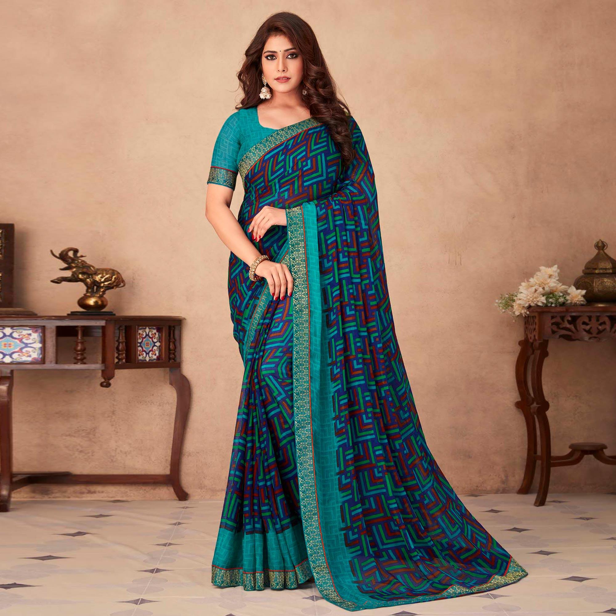 Blue Geometric Printed Chiffon Saree - Peachmode