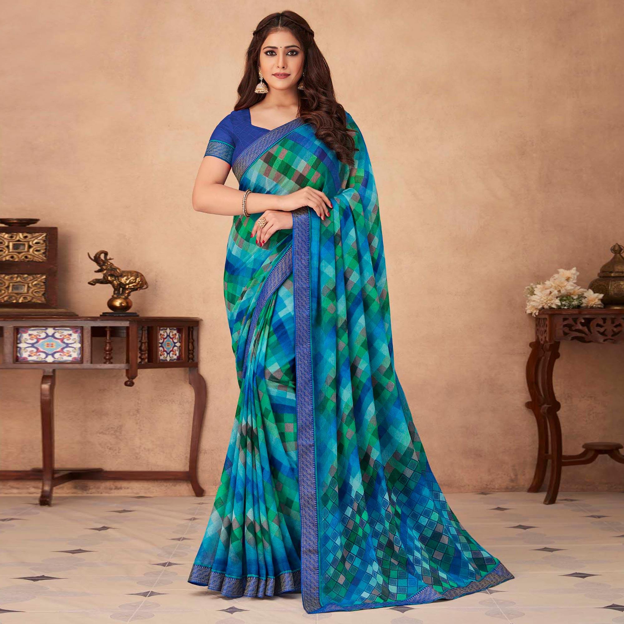 Blue Geometric Printed Chiffon Saree - Peachmode