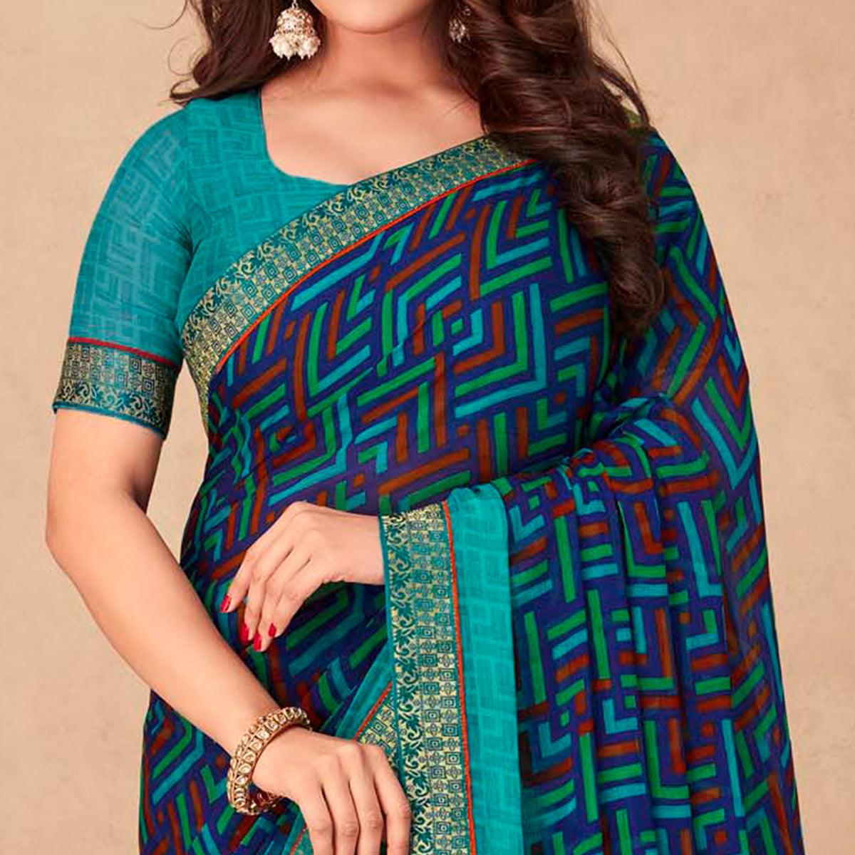 Blue Geometric Printed Chiffon Saree - Peachmode