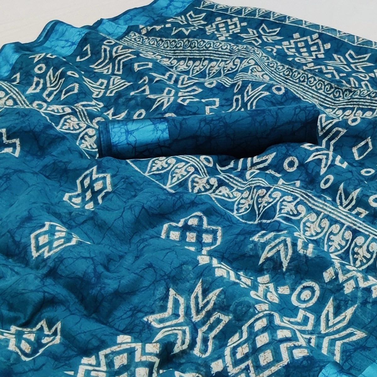 Blue Geometric Printed Linen Saree - Peachmode