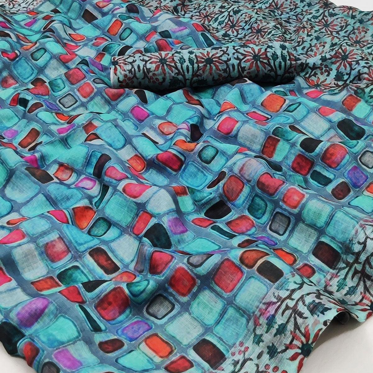 Blue Geometric Printed Linen Saree - Peachmode