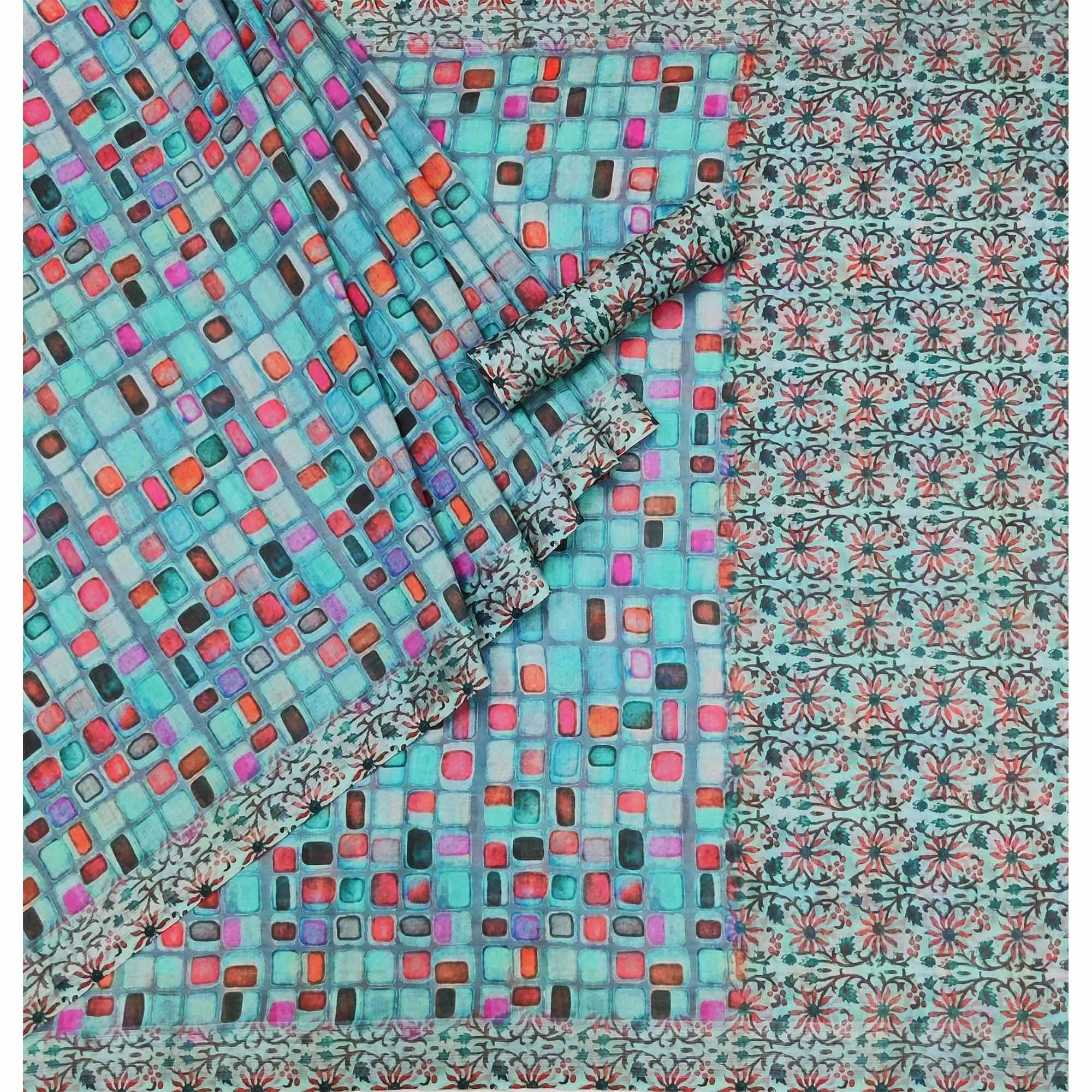 Blue Geometric Printed Linen Saree - Peachmode