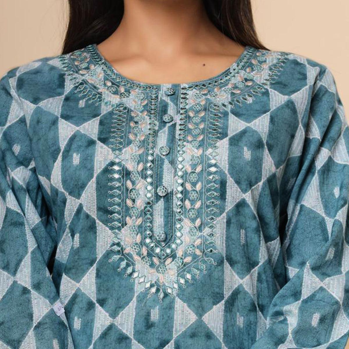 Blue Geometric Printed Pure Cotton Kurti Pant Set With Dupatta - Peachmode