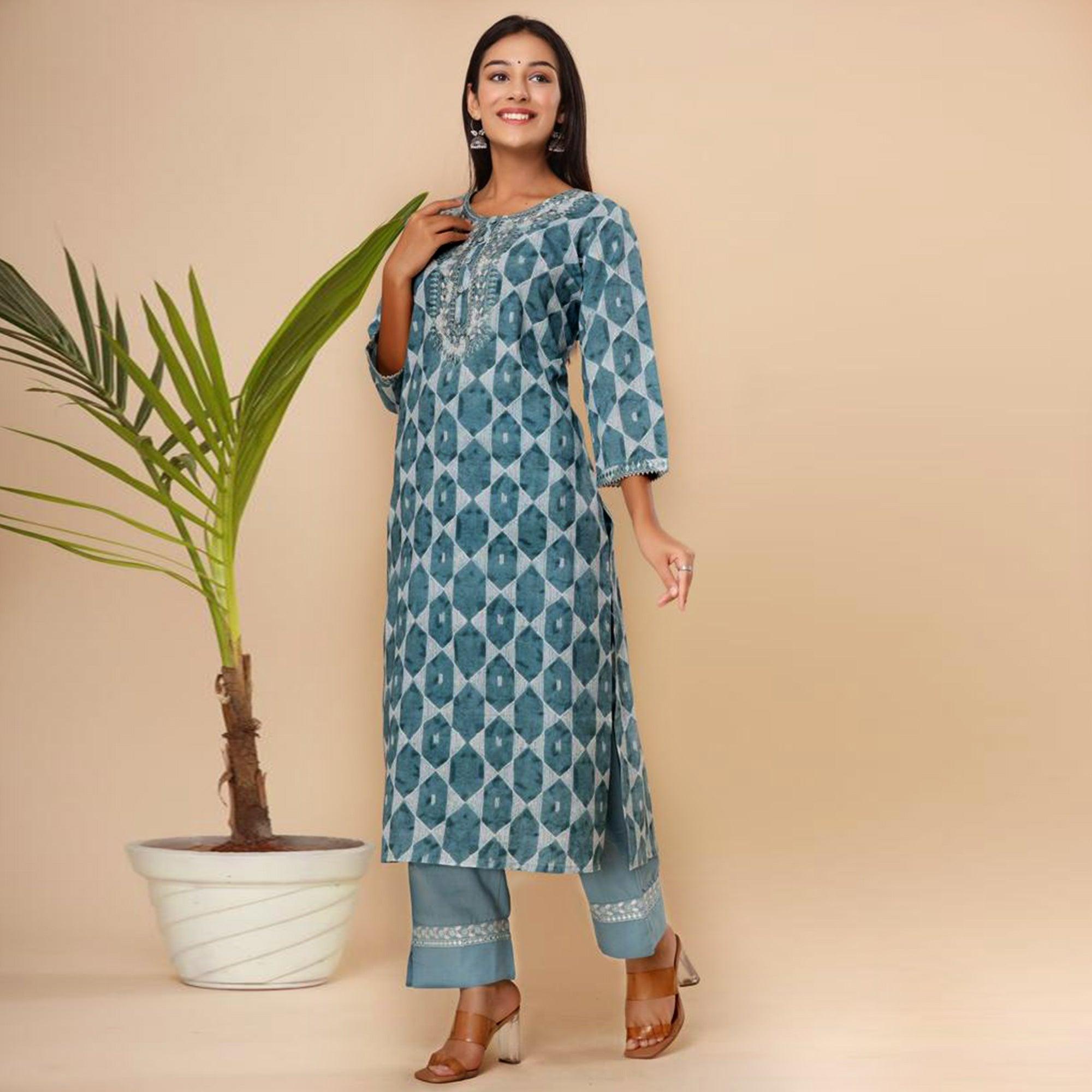 Blue Geometric Printed Pure Cotton Kurti Pant Set With Dupatta - Peachmode