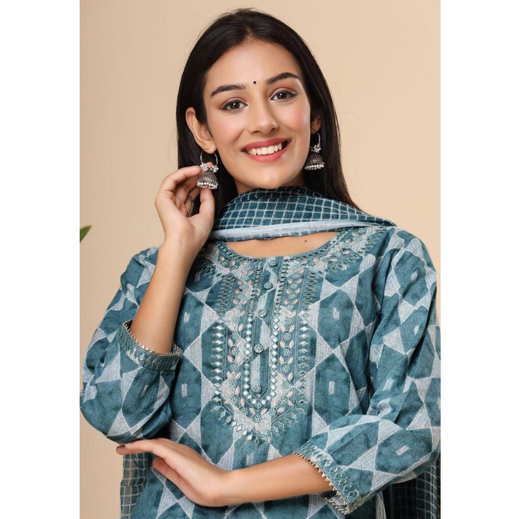 Blue Geometric Printed Pure Cotton Kurti Pant Set With Dupatta - Peachmode