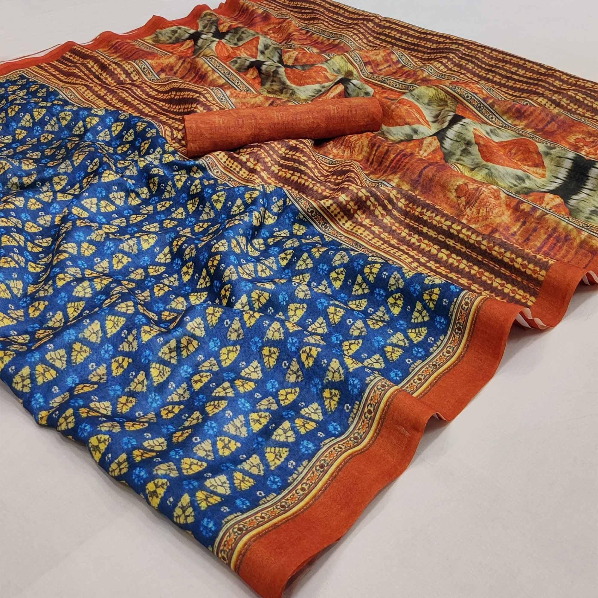 Blue Geometric Printed Pure Cotton Saree - Peachmode