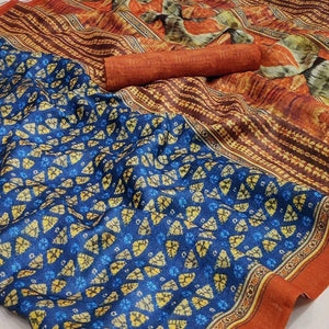 Blue Geometric Printed Pure Cotton Saree - Peachmode