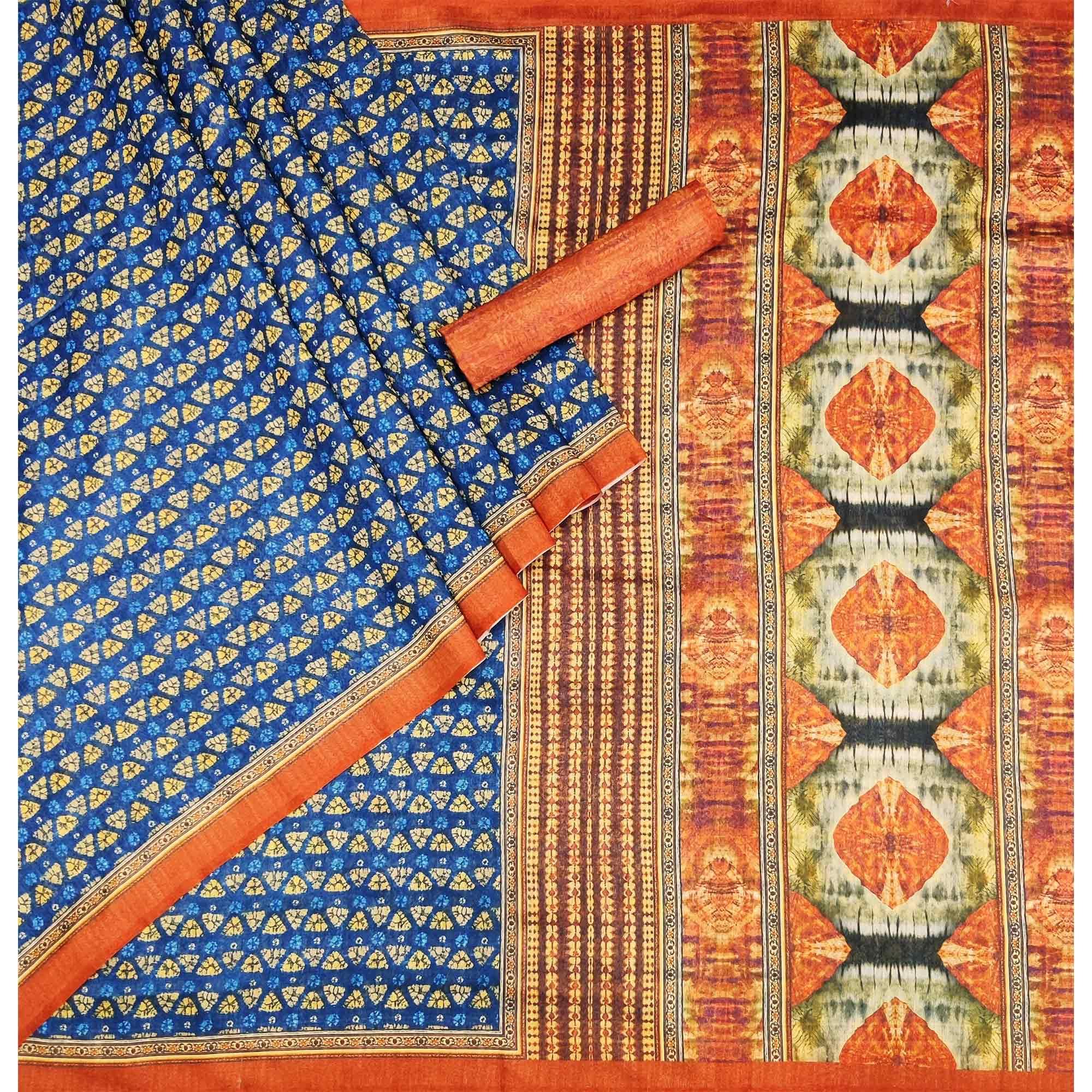 Blue Geometric Printed Pure Cotton Saree - Peachmode