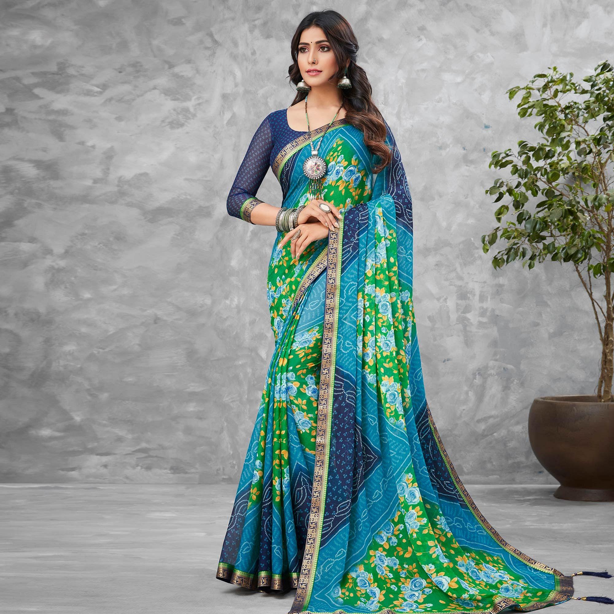 Blue-Green Festive Wear Floral Bandhani Printed Chiffon Saree - Peachmode