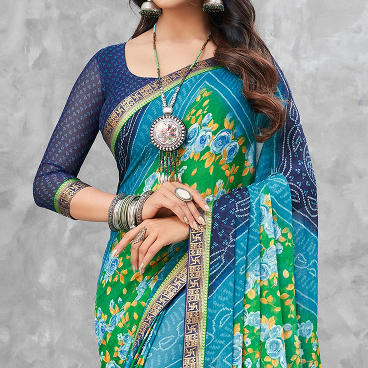 Blue-Green Festive Wear Floral Bandhani Printed Chiffon Saree - Peachmode