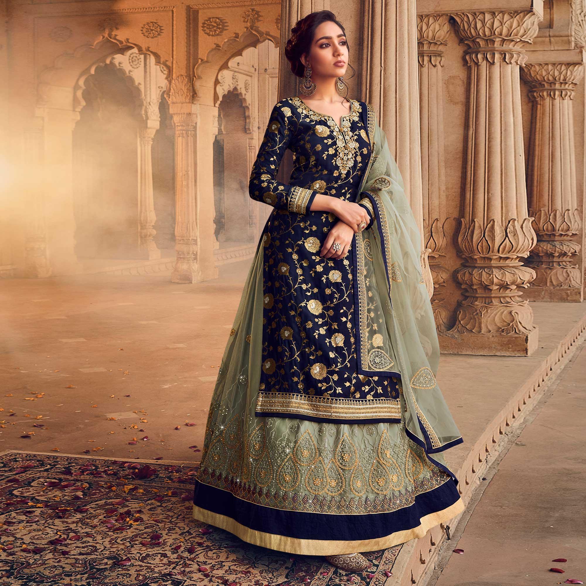 Blue-Green Festive Wear Floral Emboidered With Diamond Net Lehenga Choli - Peachmode