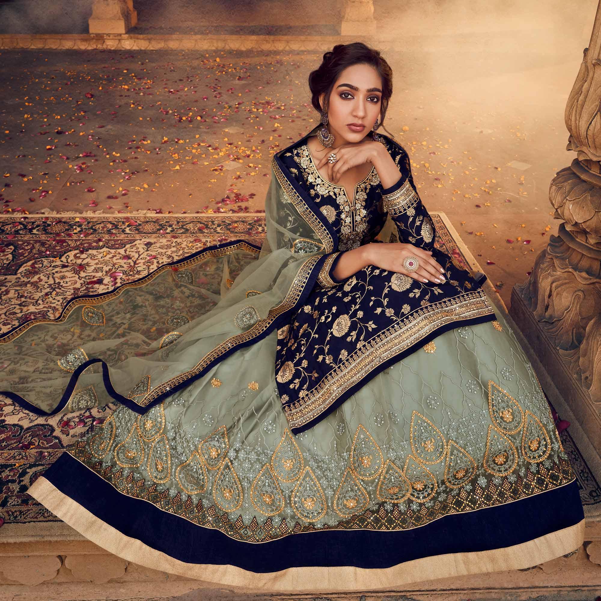 Blue-Green Festive Wear Floral Emboidered With Diamond Net Lehenga Choli - Peachmode