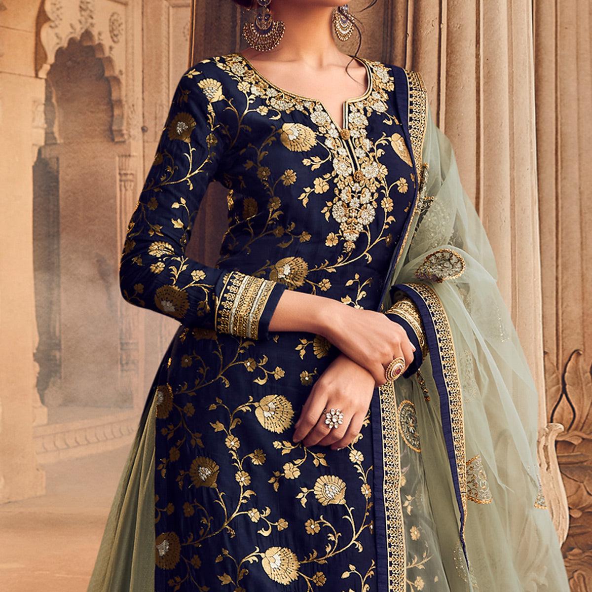 Blue-Green Festive Wear Floral Emboidered With Diamond Net Lehenga Choli - Peachmode