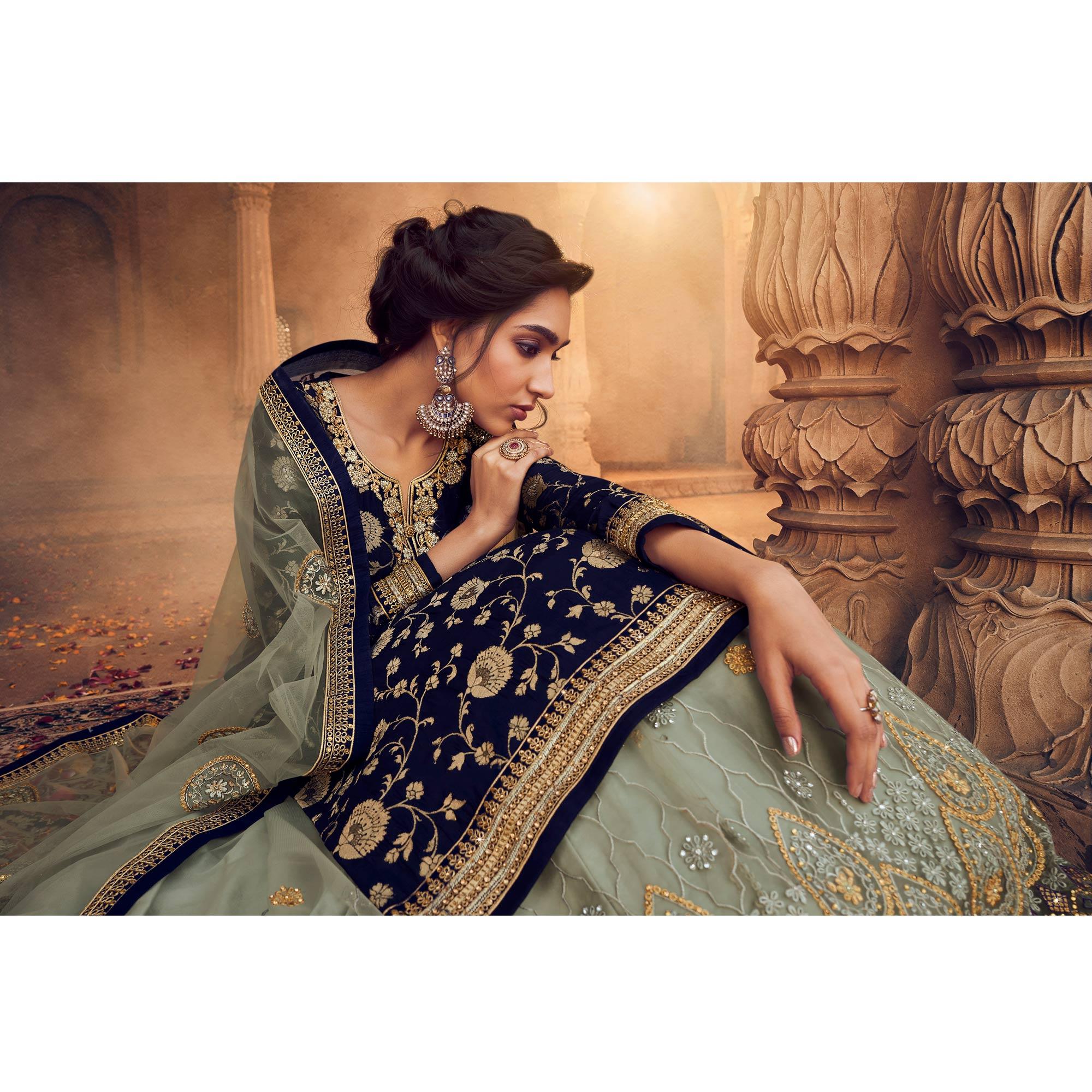 Blue-Green Festive Wear Floral Emboidered With Diamond Net Lehenga Choli - Peachmode