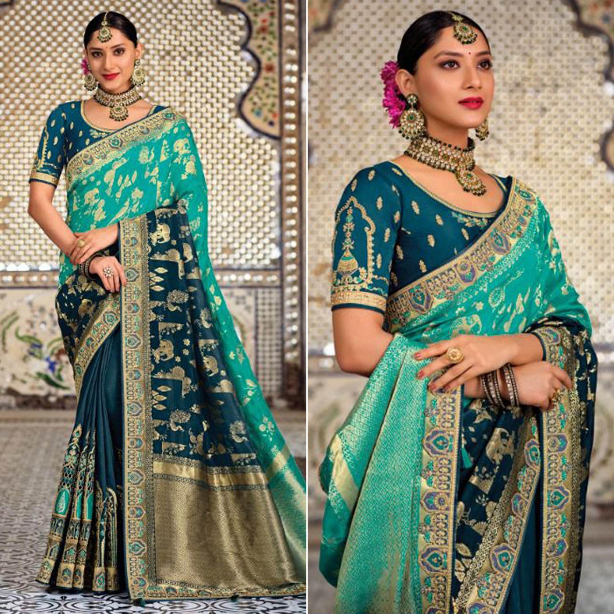 Blue-Green Festive Wear Woven Banarasi Silk Half & Half Saree - Peachmode