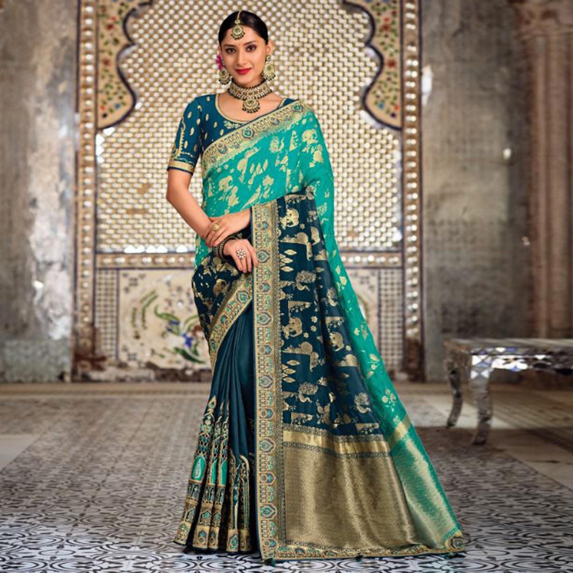 Blue-Green Festive Wear Woven Banarasi Silk Half & Half Saree - Peachmode