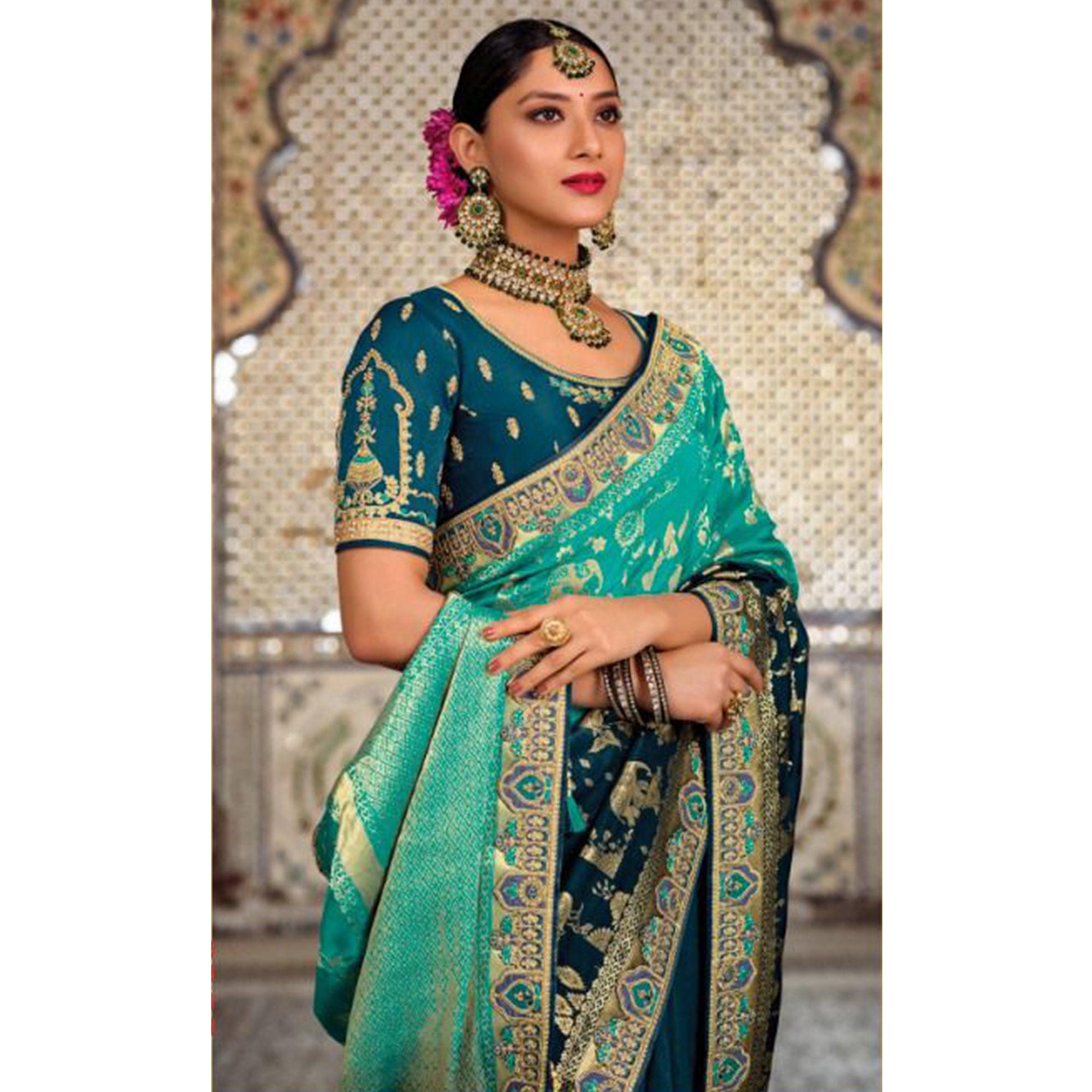 Blue-Green Festive Wear Woven Banarasi Silk Half & Half Saree - Peachmode