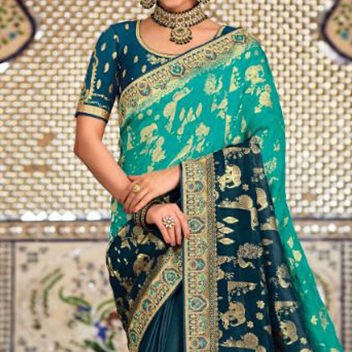 Blue-Green Festive Wear Woven Banarasi Silk Half & Half Saree - Peachmode