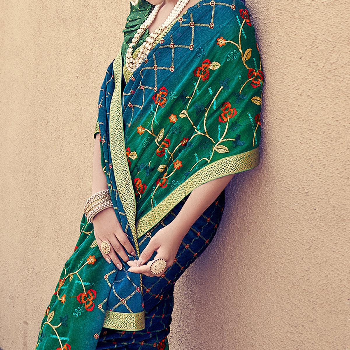 Blue - Green Floral Embroidered With Foil Printed Chiffon Half & Half Saree - Peachmode