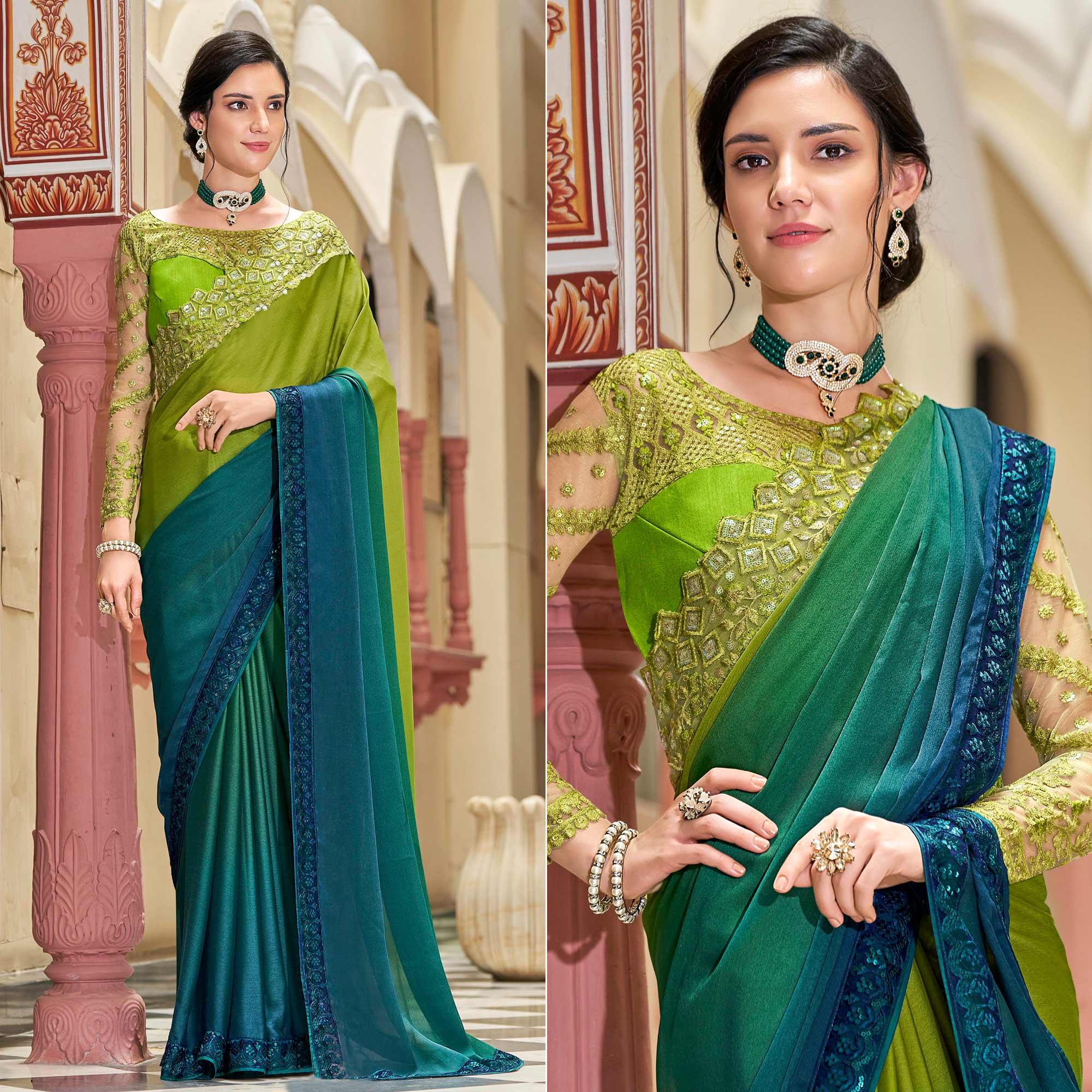 Blue-Green Floral Sequence Embroidered Art Silk Saree - Peachmode