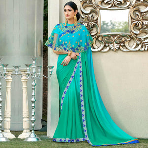 Blue-Green Partywear Designer Embroidery Lace Border Cadbury Chiffon Saree - Peachmode