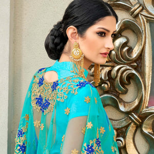 Blue-Green Partywear Designer Embroidery Lace Border Cadbury Chiffon Saree - Peachmode