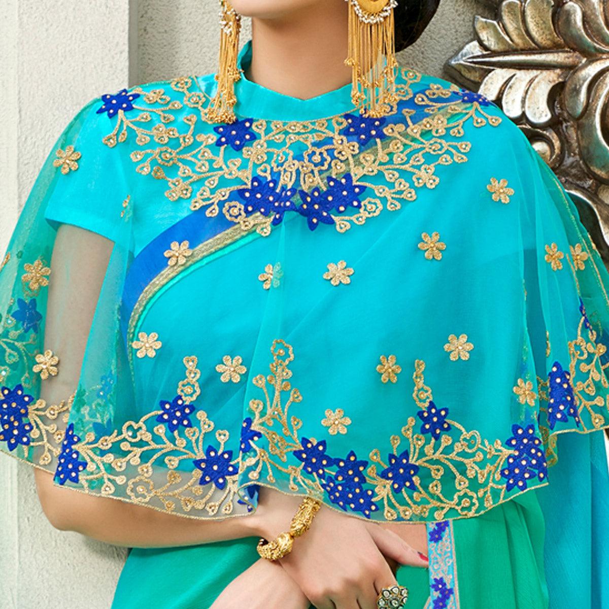 Blue-Green Partywear Designer Embroidery Lace Border Cadbury Chiffon Saree - Peachmode