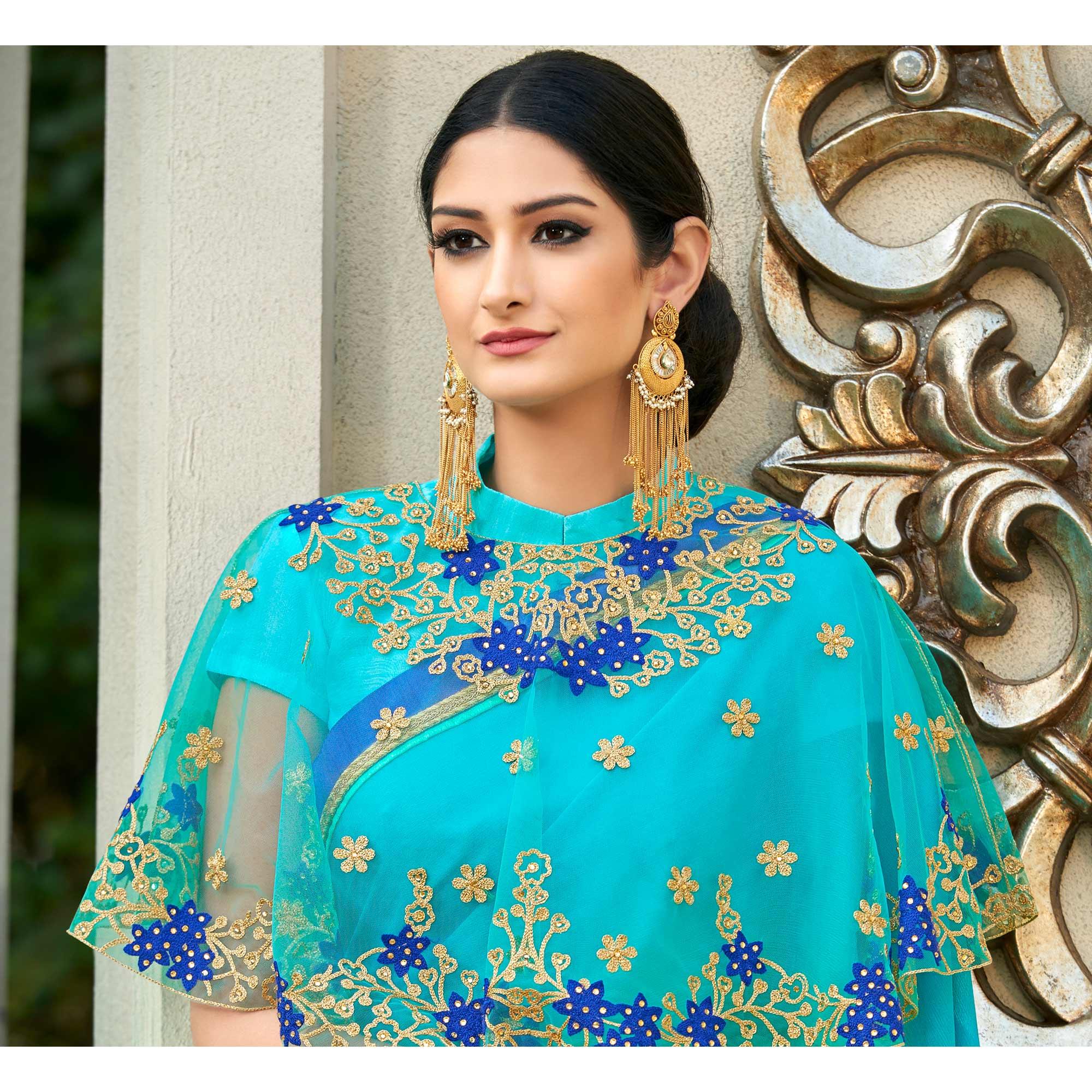 Blue-Green Partywear Designer Embroidery Lace Border Cadbury Chiffon Saree - Peachmode
