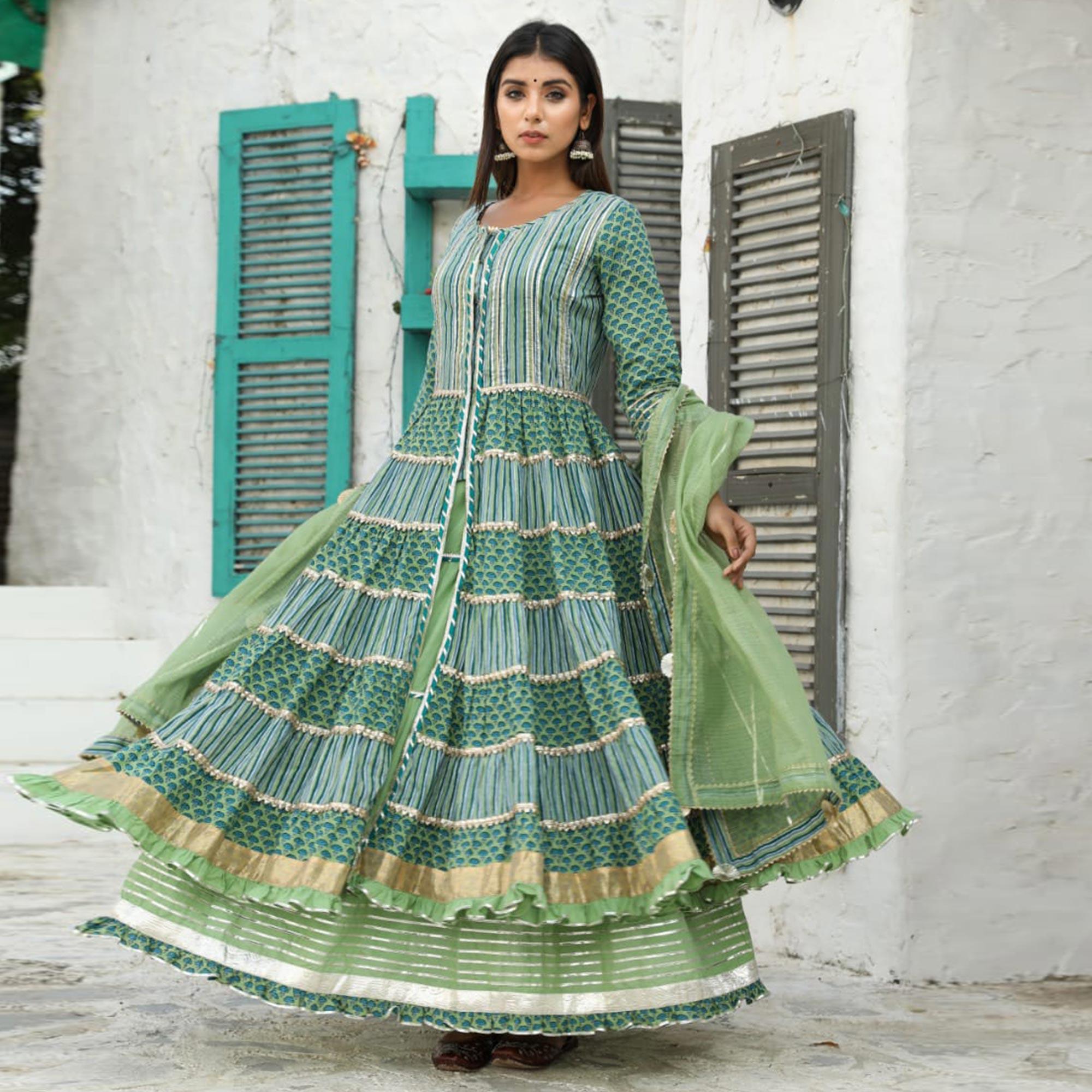Blue - Green Partywear Lace Work Cotton Anarkali Suit - Peachmode