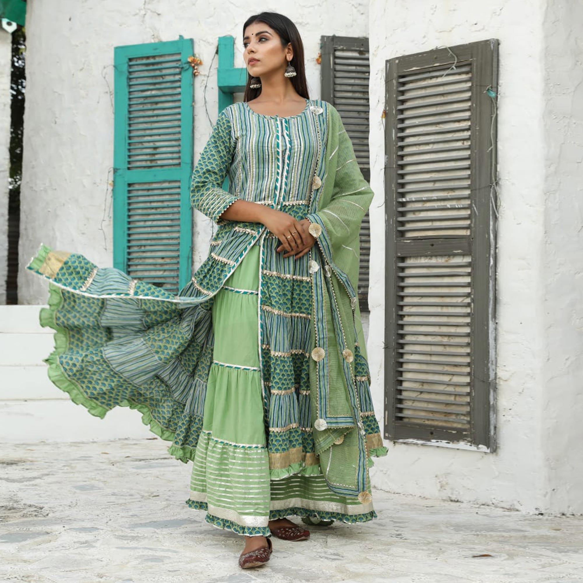 Blue - Green Partywear Lace Work Cotton Anarkali Suit - Peachmode